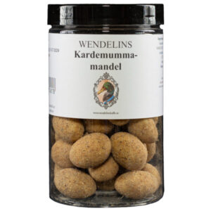 Mandlar doppad i vit choklad och smaksatt med äkta kardemumma